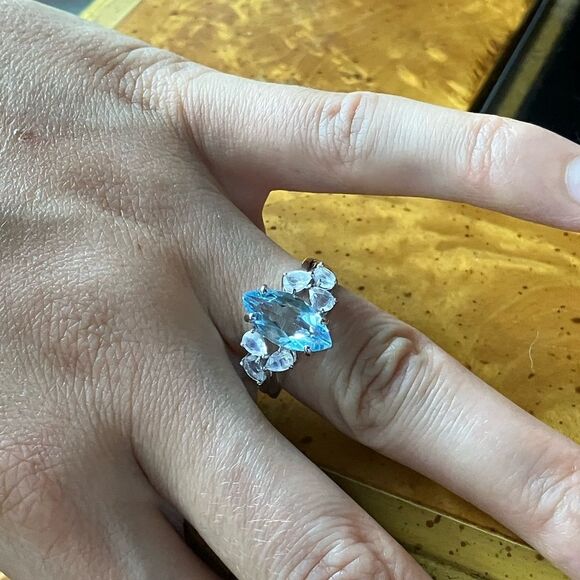 Genuine Sky Blue Topaz Rainbow Moonstone Sterling Silver Ring Size 7 - Picture 4 of 9